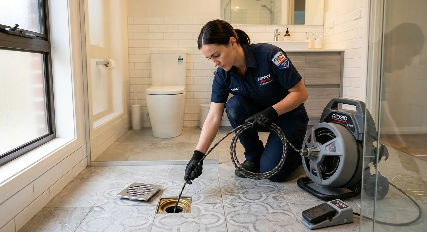 Technician clearing a bathroom floor drain for Drain Repair in Clearwater